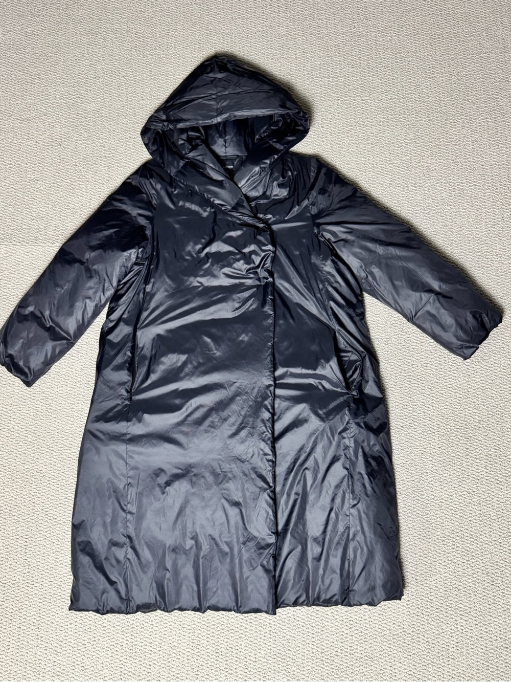 EILEEN FISHER Black Coat Medium Long Puffer Down Filled Funnel Neck Hood Pocket